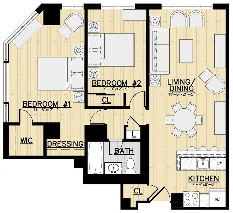 Floor plan for 2 beds, 1 bath, 915 sqft